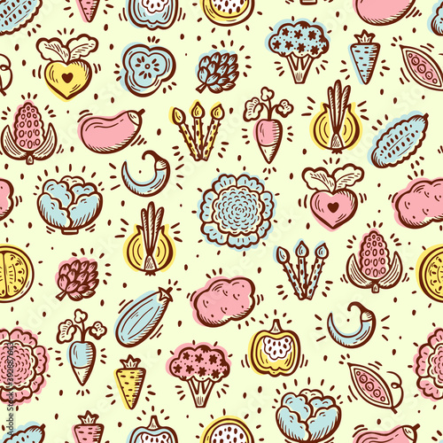 Food background. Doodle Vegetables Seamless pattern. Vector illustration
