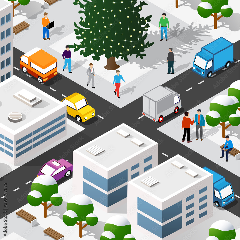 Isometric 3D winter Christmas illustration of the city quarter with houses Isometric 3D winter Christmas illustration of the city quarter with houses