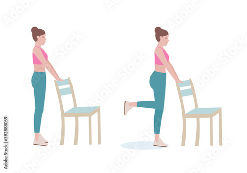 Exercises that can be done at-home using a sturdy chair.
with Standing-Leg Curl posture. Illustration in cartoon style.