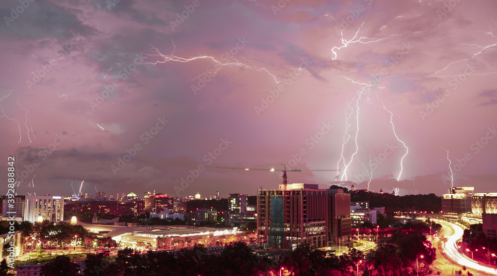 Lightning thunder storm over a Putrajaya city