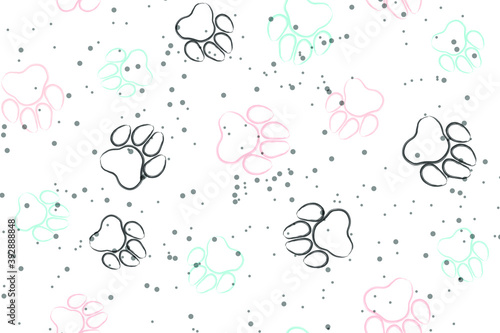 Doodle dog paw seamless background. Black, blue, pink paw track.