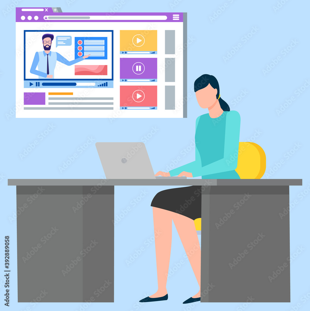 Online education vector, female working on laptop, businesslady working distant. Student with curses and personal tutor at home. Character flat style