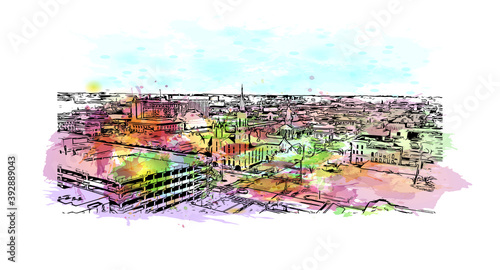 Building view with landmark of Columbus is a city in western Georgia. Watercolour splash with hand drawn sketch illustration in vector.