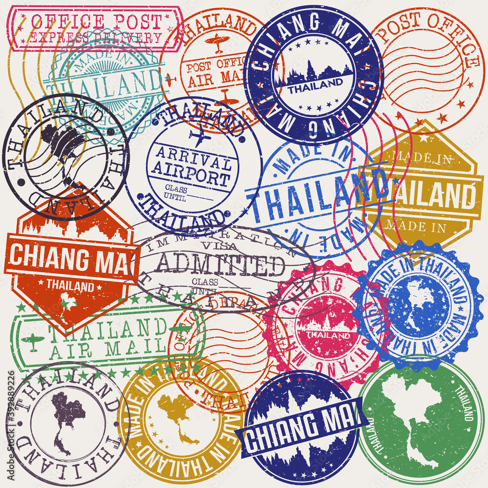 Chiang Mai Thailand Set of Stamps. Travel Stamp. Made In Product. Design Seals Old Style Insignia.