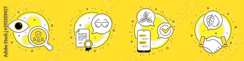 Eyeglasses, People insurance and Fair trade line icons set. Licence, cell phone and deal vector icons. Mineral oil sign. Optometry, Risk coverage, Leaf. Organic tested. Healthcare set. Vector