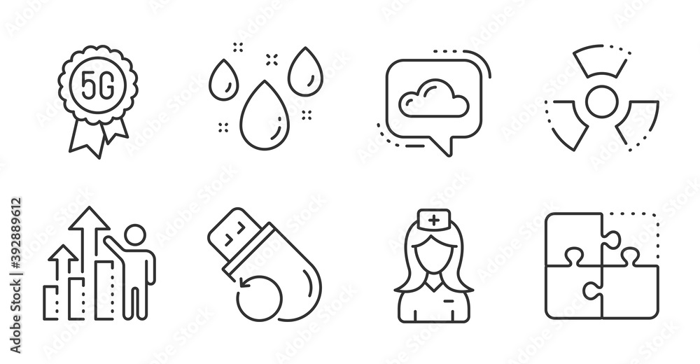 Fototapeta premium 5g technology, Flash memory and Rainy weather line icons set. Employee results, Cloud communication and Chemical hazard signs. Puzzle, Hospital nurse symbols. Quality line icons. Vector
