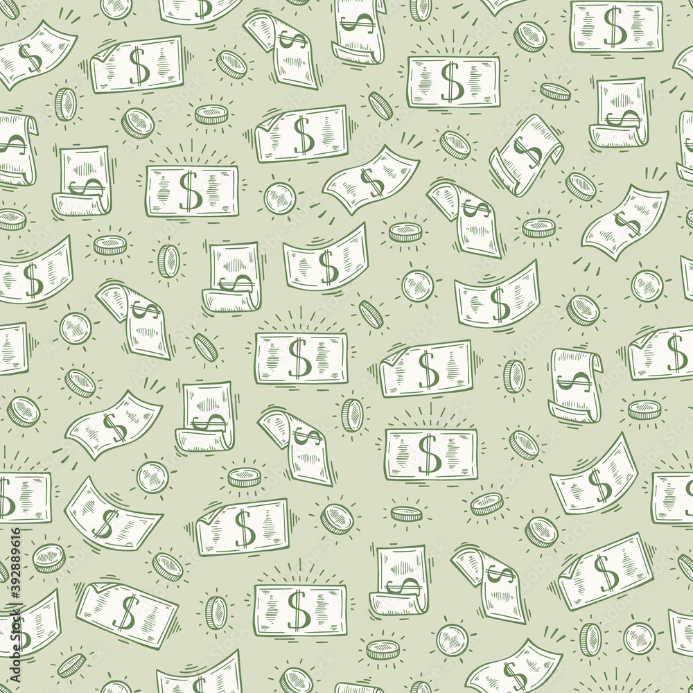 Money rain Vector Seamless pattern. Hand Drawn doodle Dollar Banknotes and Coins