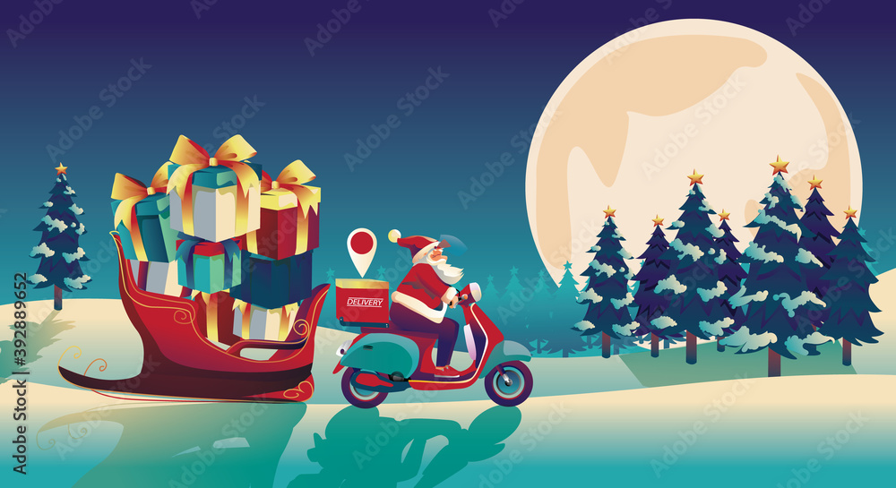 Christmas and Happy new year characters like Santa Claus, delivery App, scooter, and snowman holding gift with Merry Christmas greeting tree in Blue backgrounds. pine Full Moon, Vector Illustration 