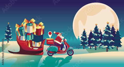 Christmas and Happy new year characters like Santa Claus, delivery App, scooter, and snowman holding gift with Merry Christmas greeting tree in Blue backgrounds. pine Full Moon, Vector Illustration © krerksak
