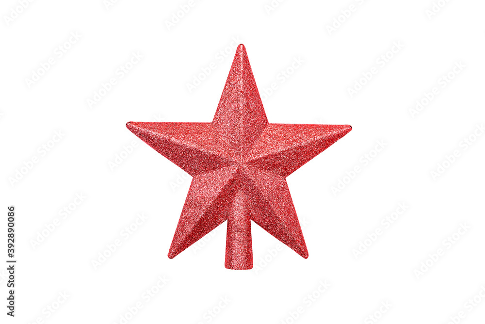 Red star for Christmas tree decoration isolated on white background. Shiny toy, Christmas decoration Red star for Christmas tree decoration isolated on white background. Shiny toy, Christmas decoration