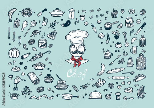 Cooking. Vector Set for menu decoration. Hand drawn doodle Chef, Food and Kitchen utensils.