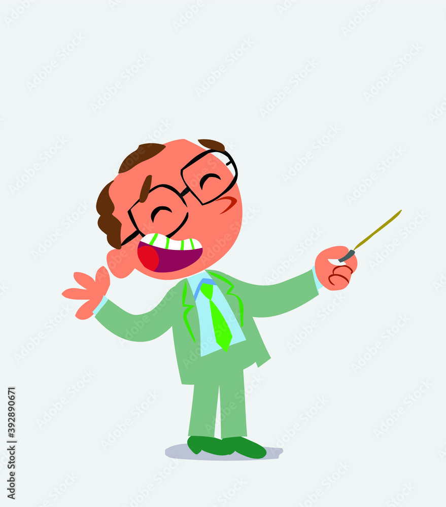 cartoon character of businessman is happy while pointing to the side with a pointer.