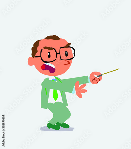 angry cartoon character of businessman with pointer points to the side