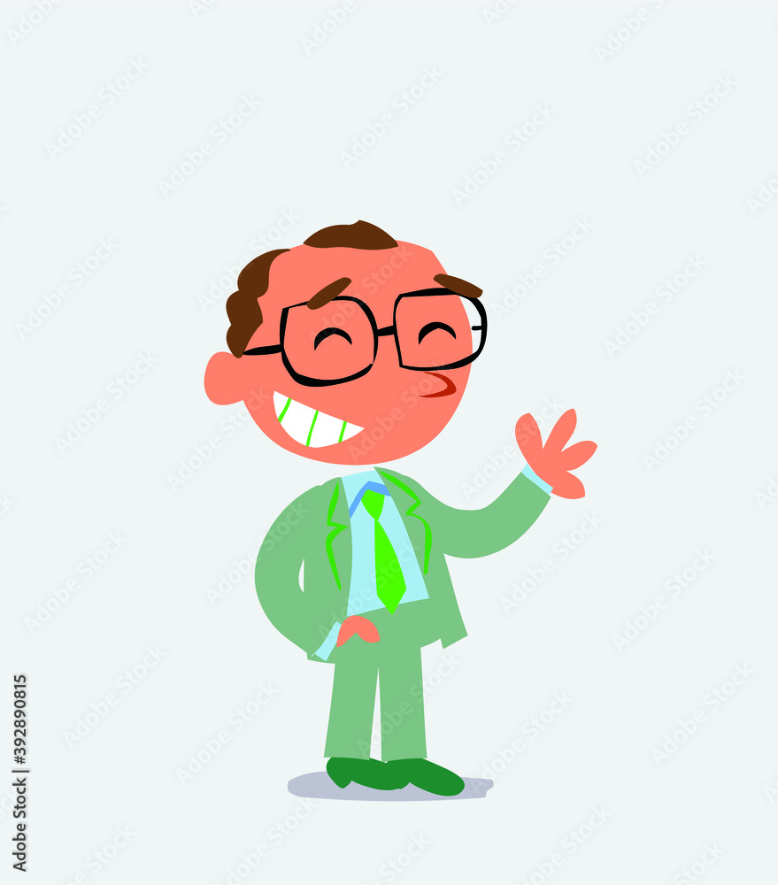 cartoon character of businessman waving informally while laughing cartoon character of businessman waving informally while laughing
