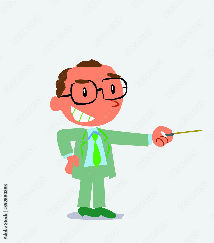  happy cartoon character of businessman points with pointer to the side.