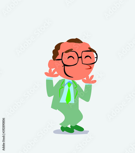 cartoon character of businessman shrinks somewhat shy