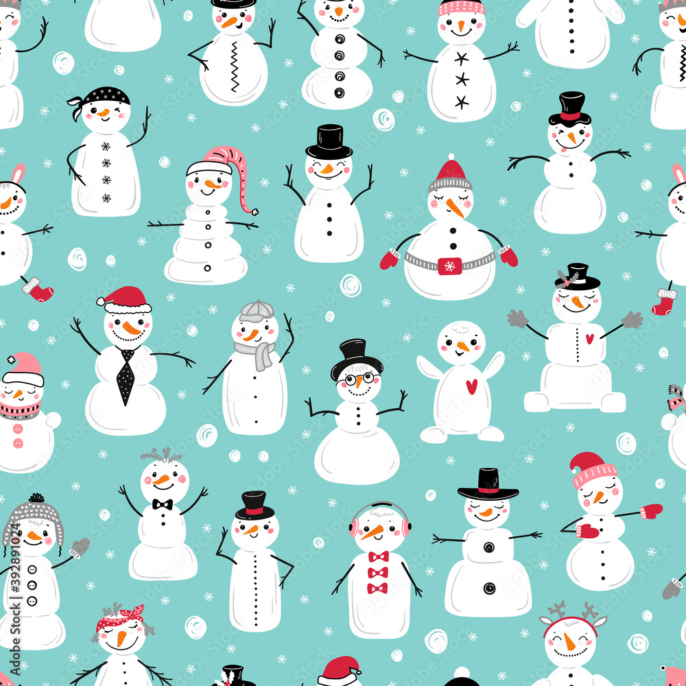 Christmas Seamless Pattern with Cute Snowmen. Crowd of Snowman Winter Holiday Vector Background. Winter Holidays, Christmas, New Year Design Christmas Seamless Pattern with Cute Snowmen. Crowd of Snowman Winter Holiday Vector Background. Winter Holidays, Christmas, New Year Design
