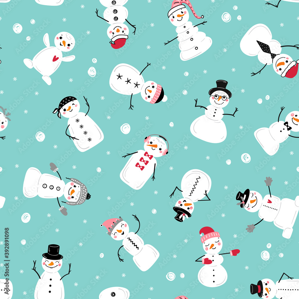 Christmas Seamless Pattern with Cute Snowmen. Snowman and Snowflakes Winter Holiday Vector Background. Winter Holidays, Christmas, New Year Design