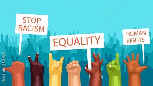 ethnical diversity in huge crowd with banners