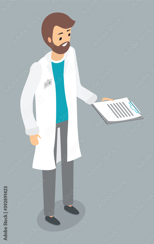 Bearded male doctor stands and holds prescription in his hands. Medical professional. Medicine treatment. Health care. Counseling or testing. Therapist in medical uniform. Family medicine physician