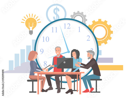 People on gathering business meeting concerning time management vector. Clock and cogwheel, chart and dollar currency sign symbol lightbulb partners
