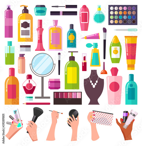 Large set of cosmetic accessories for beauty shampoo, milk, lipstick, mascara, creams, women s hands with makeup bag, makeup brushes, mirror. Huge selection of cosmetics. Icons for website, shop