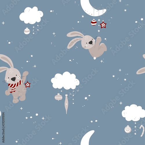 Seamless Christmas background with cute bunny, clouds, christmas balls, candies. Vector illustration.