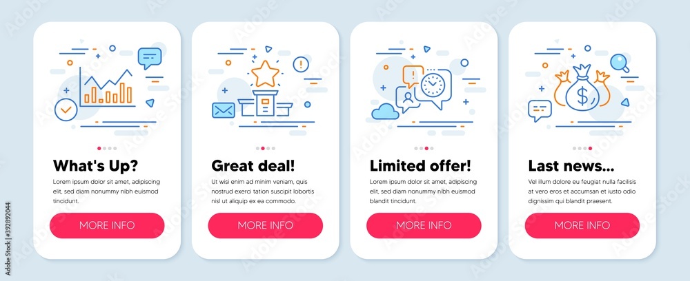 Set of Education icons, such as Winner podium, Infochart, Time management symbols. Mobile screen app banners. Check investment line icons. First place, Stock exchange, Office chat. Vector