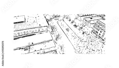 Building view with landmark of Columbus is a city in western Georgia. Hand drawn sketch illustration in vector.