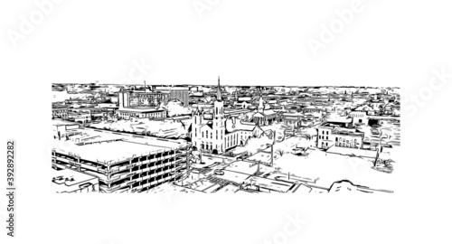 Building view with landmark of Columbus is a city in western Georgia. Hand drawn sketch illustration in vector.