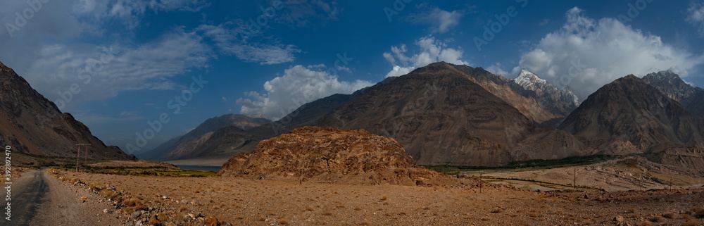 Central Asia, Tajikistan. View from the right coast of the border river Panj on the Pamir mountains in Afghanistan.