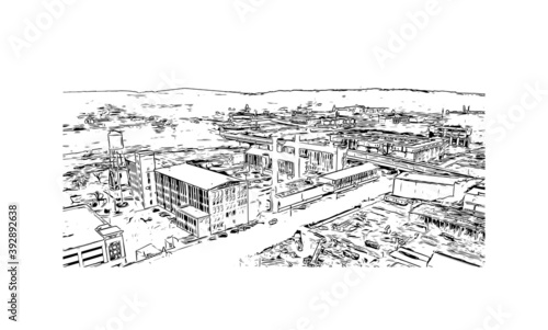 Building view with landmark of Columbus is a city in western Georgia. Hand drawn sketch illustration in vector.