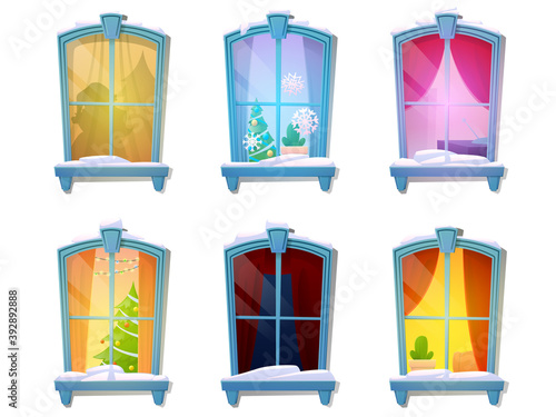 Set of cartoon snowy windows