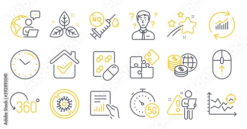 Set of Science icons, such as Coronavirus vaccine, World money, Full rotation symbols. Swipe up, Time, Puzzle signs. Stop coronavirus, Fair trade, Support consultant. Update data, Document. Vector