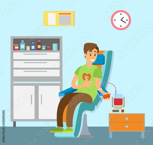 Volunteering work vector, blood donation male with package of red liquid sitting on chair, hospital procedure helping people and saving lives flat style