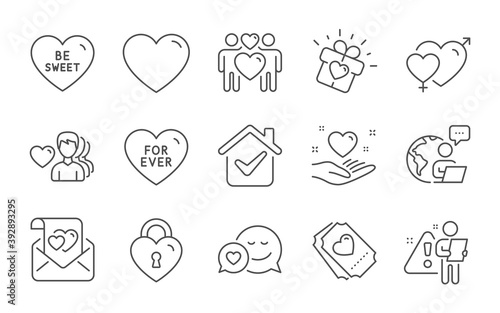 Love letter, Be sweet and Dating line icons set. Love lock, Male female and For ever signs. Heart, Hold heart symbols. Valentine mail, Bridge locker. Love set. Line icons set. Vector