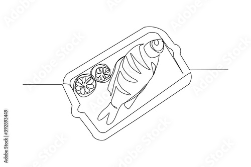 Continuous line drawing of delicious baked fish. One line art concept of seafood for restaurant menu and logo design. Vector illustration