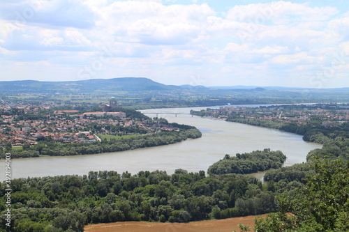 Esztergom Basilica over meander of Danube river from Burda mountain range, Slovakia/Hungary