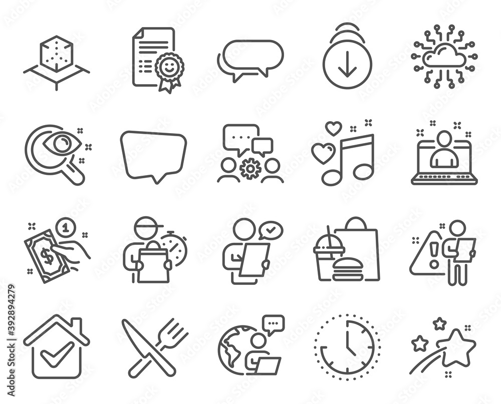 Business icons set. Included icon as Cloud network, Scroll down, Customer survey signs. Time, Messenger, Love music symbols. Food, Smile, Vision test. Best manager, Augmented reality. Vector