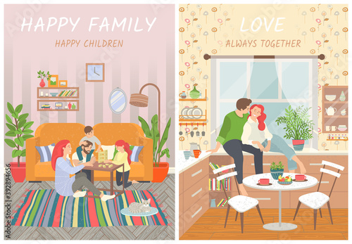 Happy family, parents and children at home on floor playing games. Couple on cabinet in kitchen smiling. Happiness and cosiness. Vector illustration in flat style
