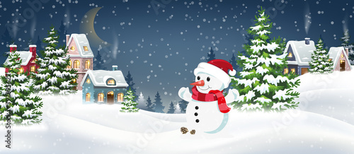Winter village with snowman