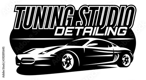 Stylish template for design of advertising at the tuning studio. Monochrome vector illustration. Text caption for sample
