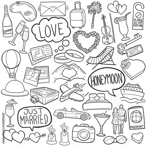 Honeymoon doodle icon set. Just Married Vector illustration collection. Vacations Banner Hand drawn Line art style.