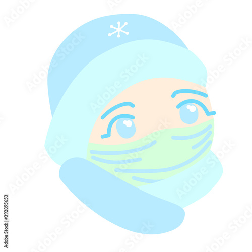 Vector Snegurochka 2021 and a medical face mask. Health care during COVID-19 pandemic, virus prevention concept Christmas holidays