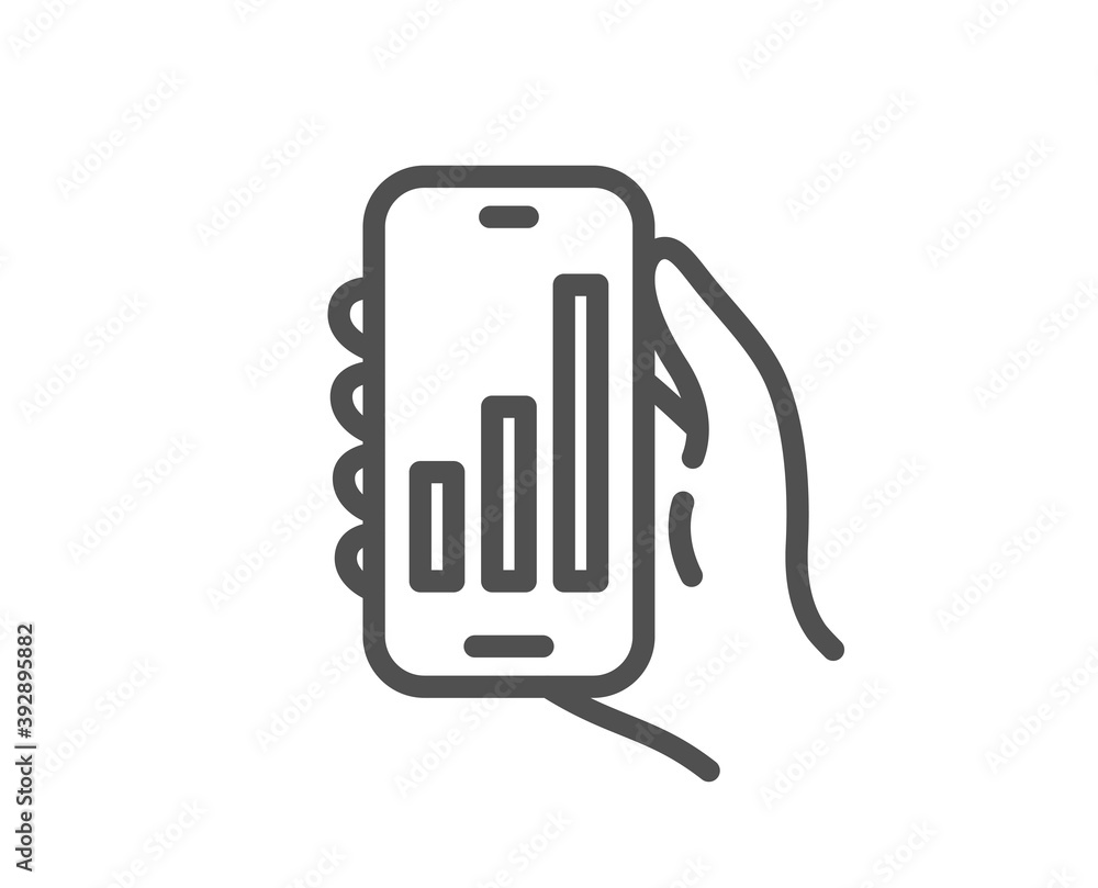 Analysis app line icon. Hand hold phone sign. Cellphone with screen notification symbol. Quality design element. Linear style analysis app icon. Editable stroke. Vector Analysis app line icon. Hand hold phone sign. Cellphone with screen notification symbol. Quality design element. Linear style analysis app icon. Editable stroke. Vector