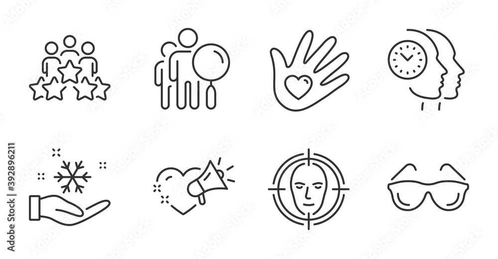 Face detect, Love message and Time management line icons set. Business meeting, Eyeglasses and Social responsibility signs. Search people, Freezing symbols. Quality line icons. Vector