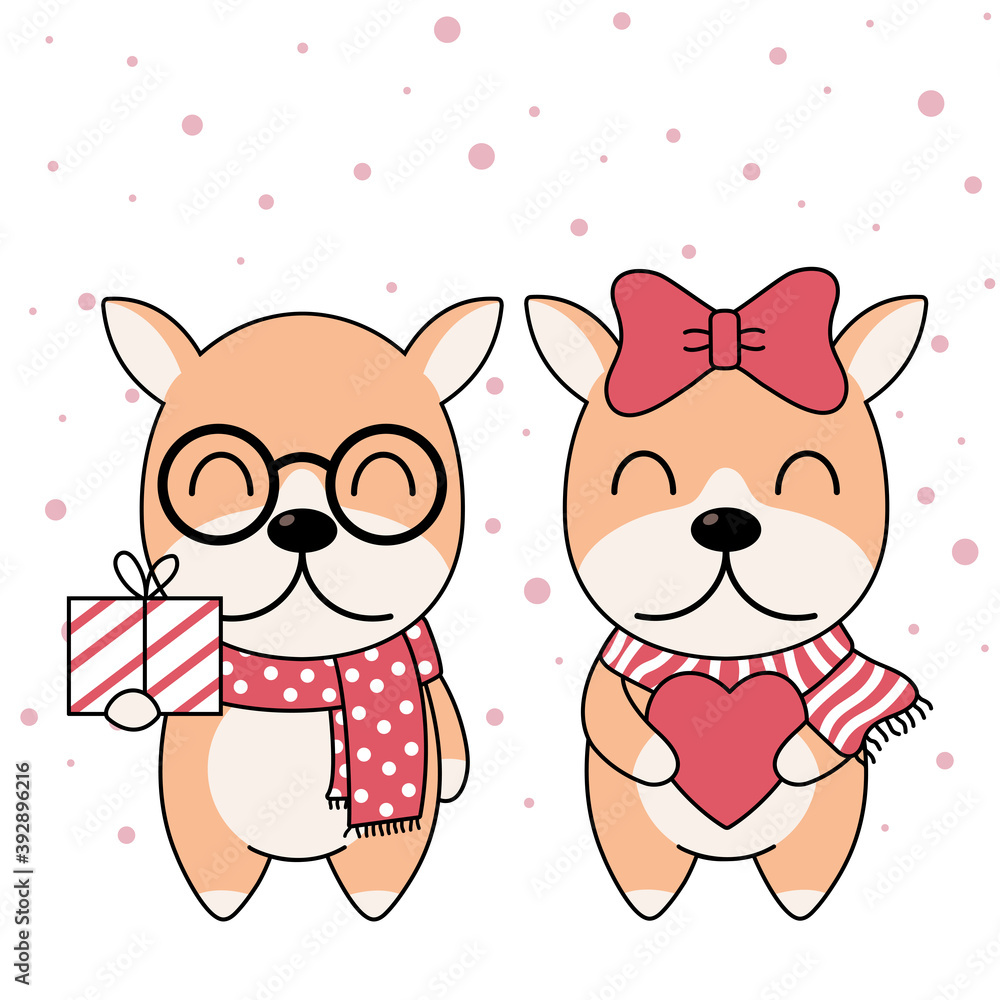 Fototapeta premium Cute Dogs in winter scarf with gift box, heart and pink snow. New Year, Merry Christmas, Anniversary, Birthday, and Valentine concept.