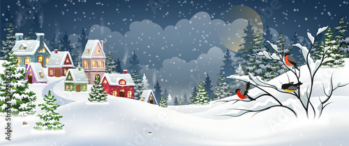 Christmas village and bullfinches