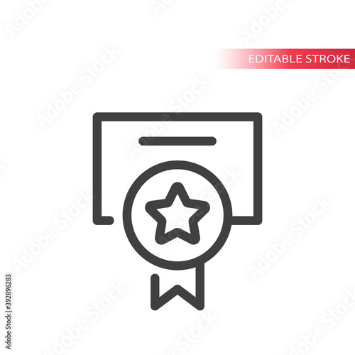 Diploma paper vector icon. Certificate with badge outline, editable stroke symbol.