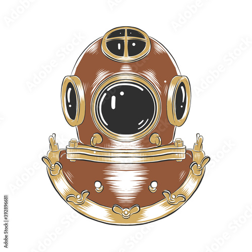 Vector engraved style illustration for posters, decoration, logo and print. Hand drawn sketch of diving helmet in colorful isolated on white background. Detailed vintage woodcut style drawing.